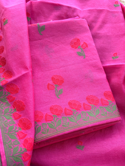 Pink Chanderi flower weaving suit set