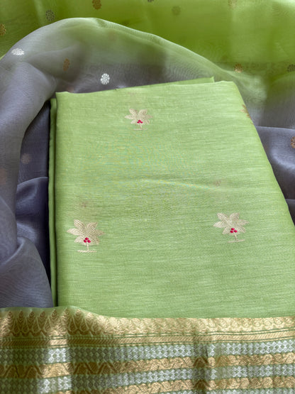 Green linen silk kurta, kora silk dupatta, plain bottom