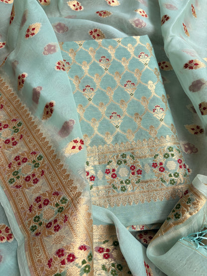 Blue moonga silk kurta, kora silk kadhwa dupatta , plain bottom