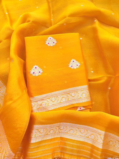 Yellow kora kadhwa silk suit set