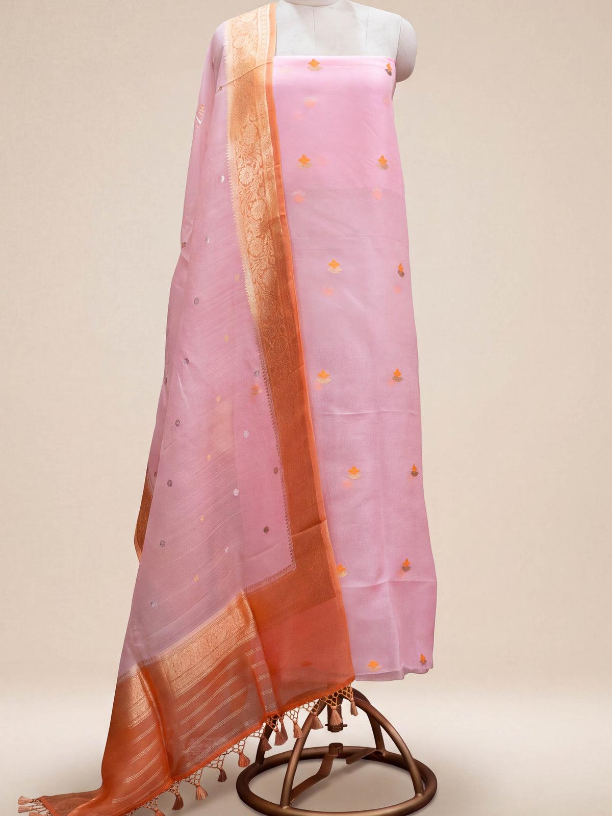 Pink kora silk suit with shaded dupatta