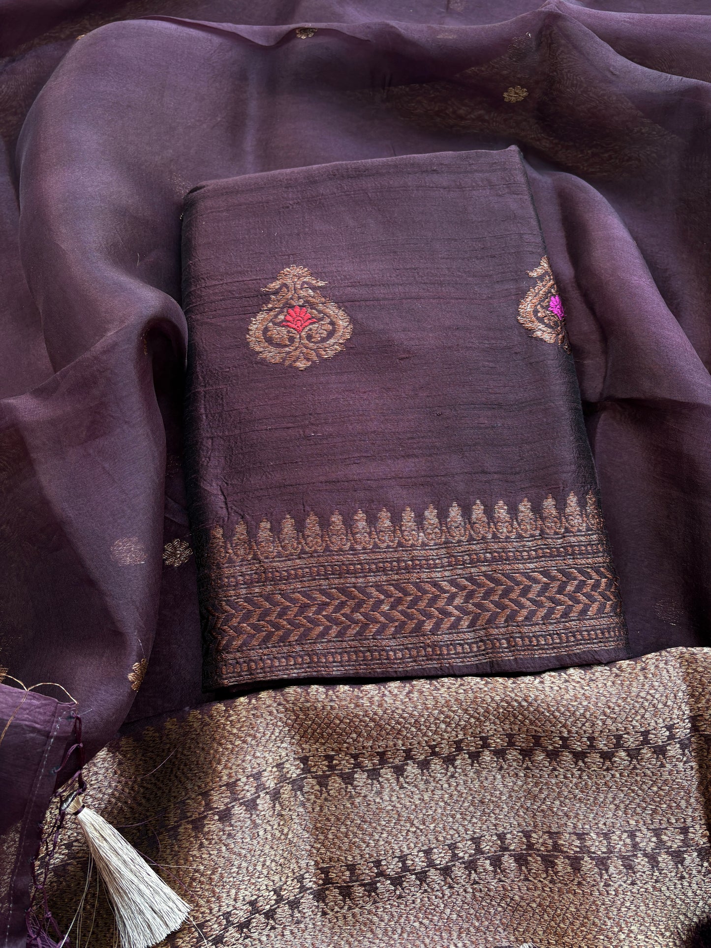 Wine raw silk kadhwa suit set