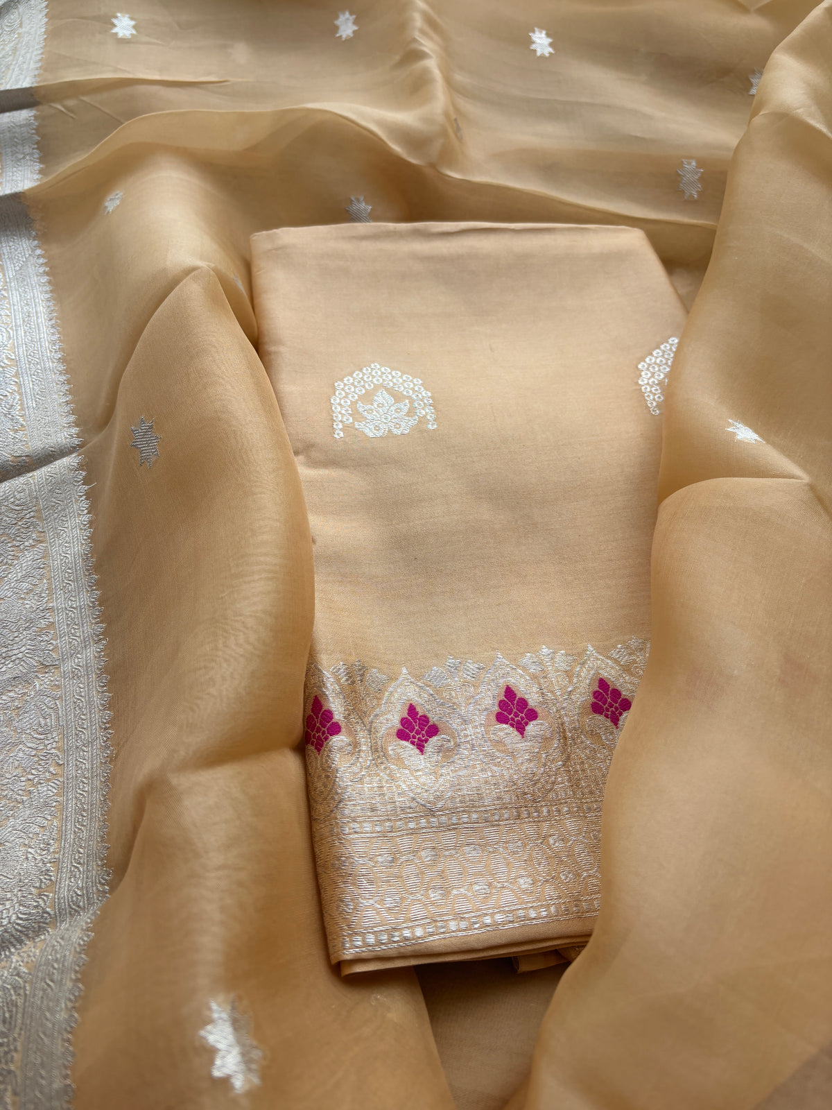 Beige Chiniya silk suit set with kora silk silver zari dupatta
