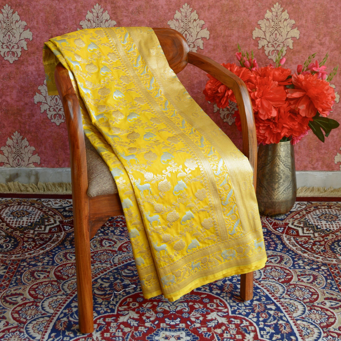 Yellow Mashru  Silk shikargah Saree