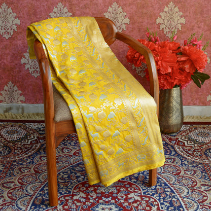 Yellow Mashru  Silk shikargah Saree