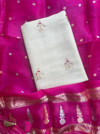 Cream moonga silk kurta, bottom and kora silk dupatta
