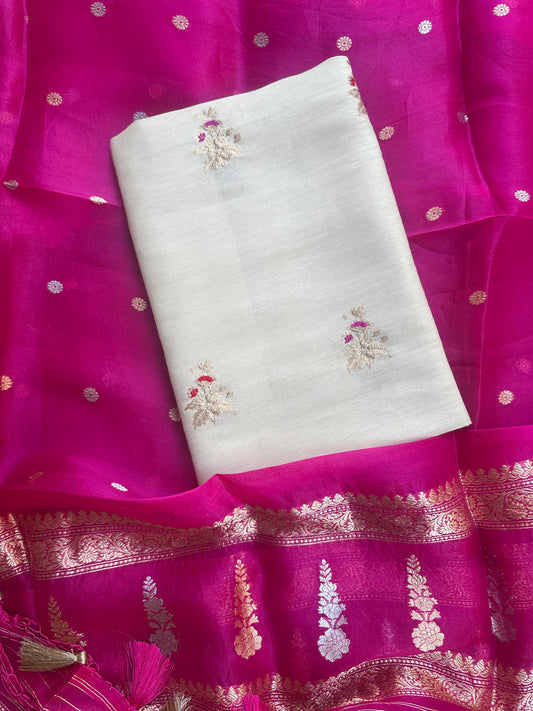 Cream moonga silk kurta, bottom and kora silk dupatta