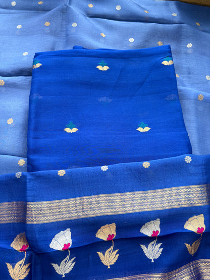 Blue kora silk suit with kadhwa dupatta