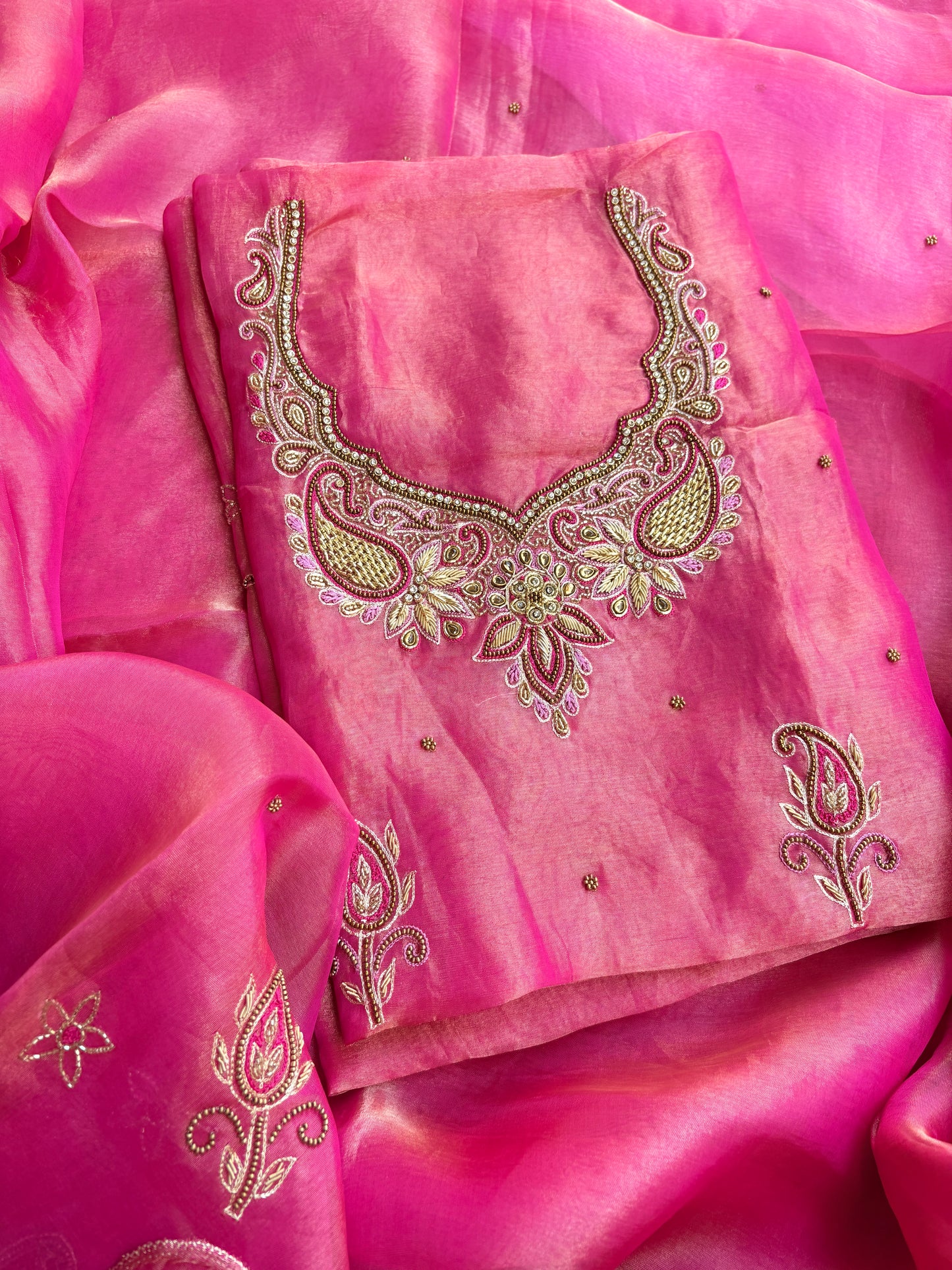 Pink tissue hand embroidered pure silk suit set