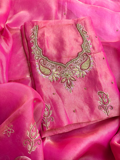 Pink tissue hand embroidered pure silk suit set