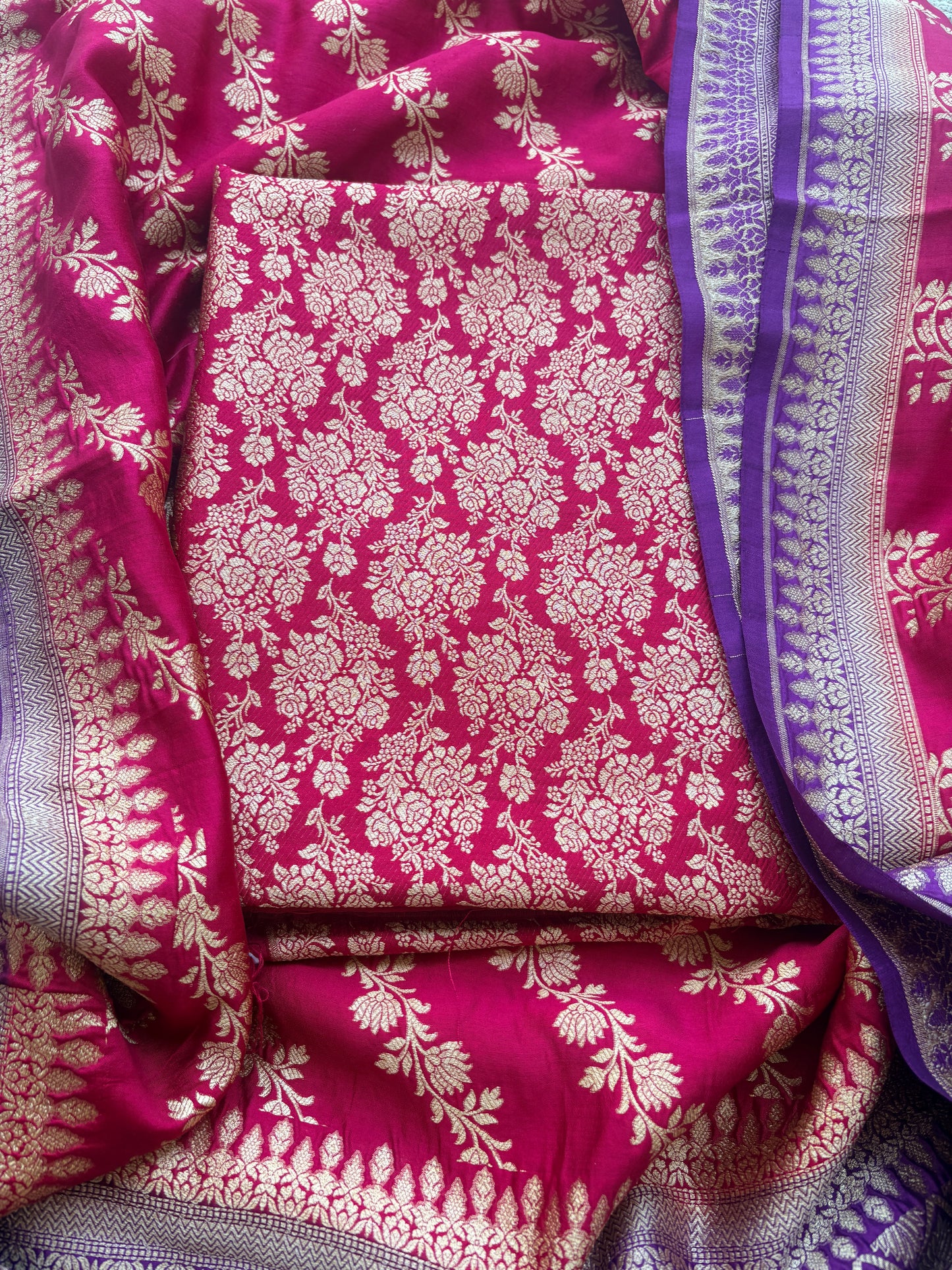 Red moonga silk suit with purple chap dye dupatta