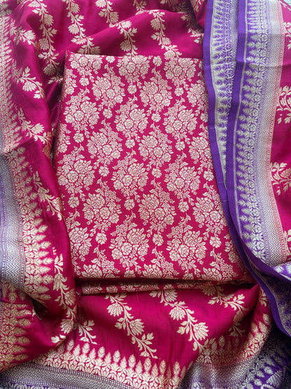 Red moonga silk suit with purple chap dye dupatta