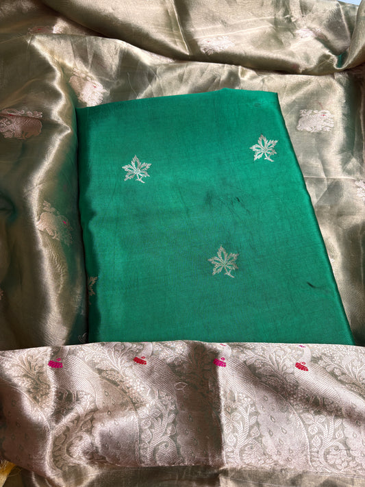 Green pure silk kadhwa kurta, tissue dupatta