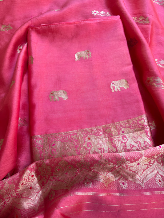 Pink Chiniya elephant motif kadhwa suit set
