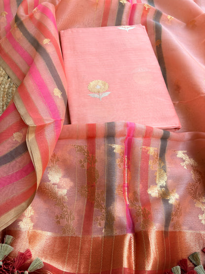 Peach Chiniya silk kurta , bottom and kora kadhwa dupatta