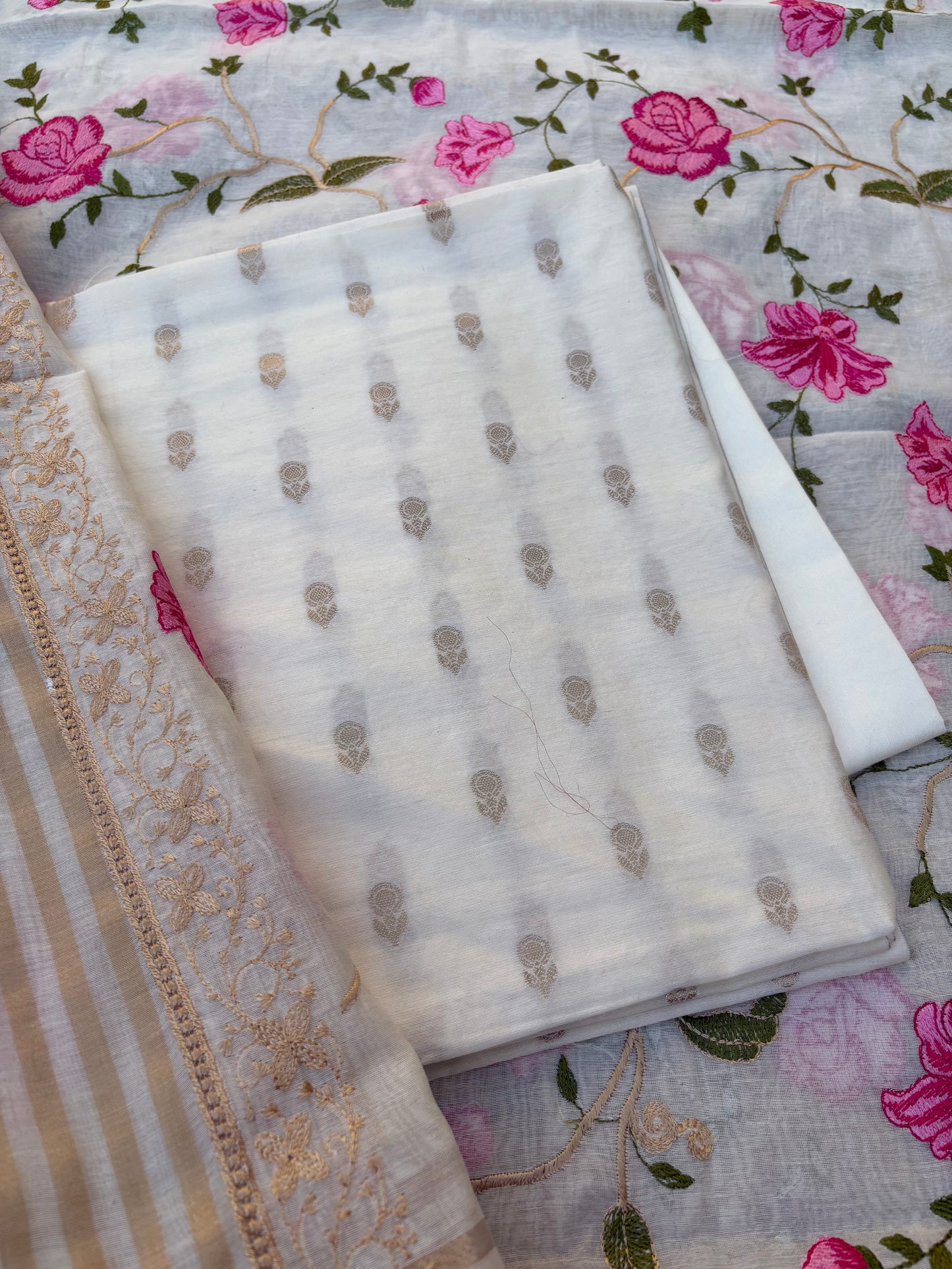 White cotton, embroidered dupatta, plain bottom