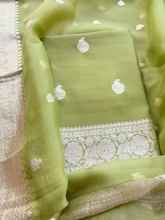Green Chiniya silk pure silver zari suit set
