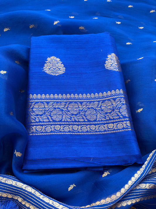 Blue raw silk suit set with kora silk dupatta
