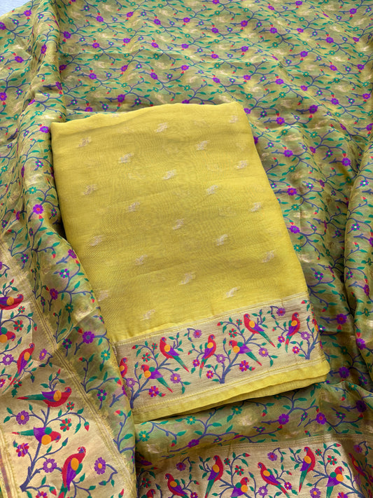 Lime paithani kora silk suit set