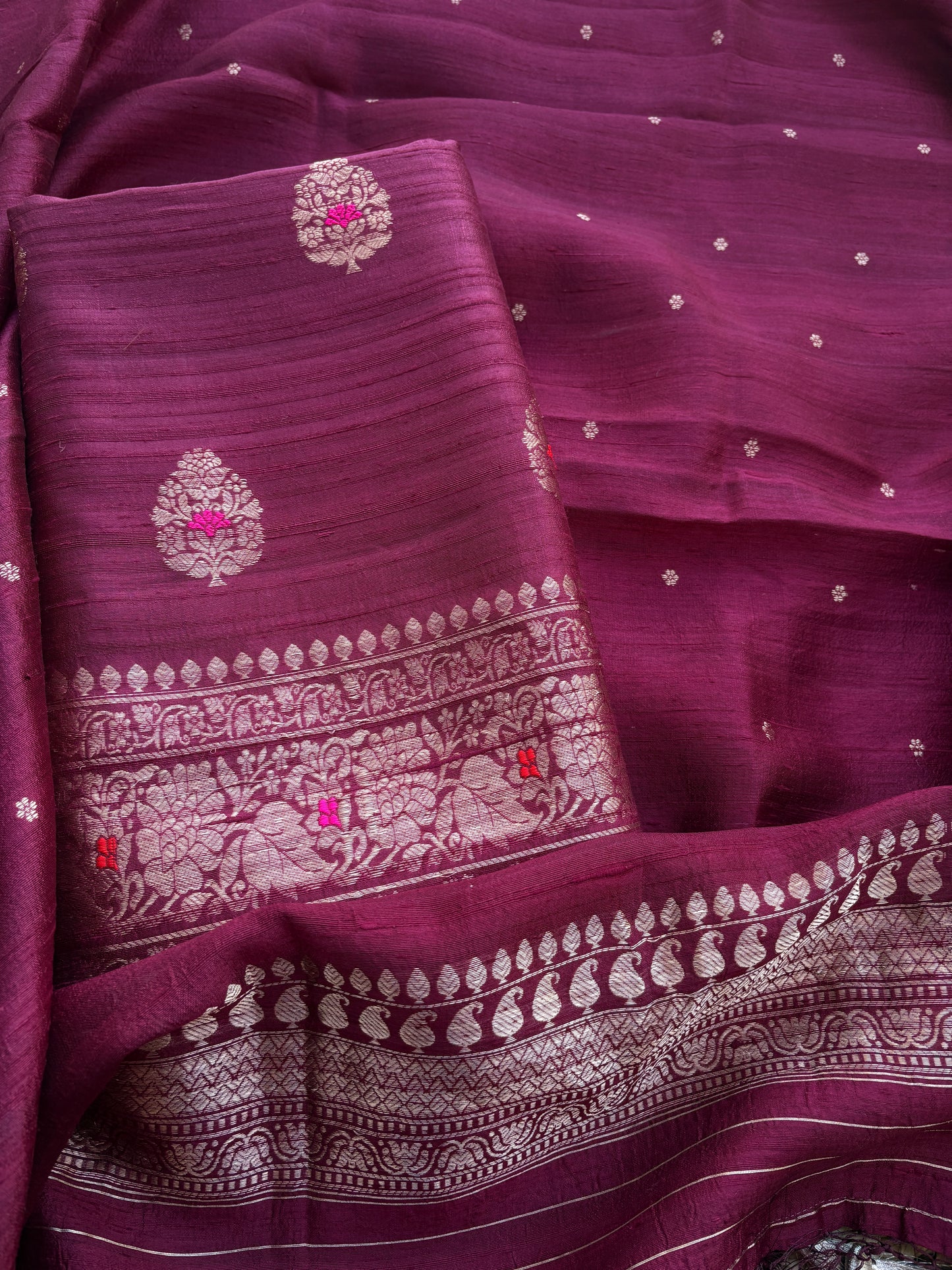 Wine raw silk tussar kadhwa suit set
