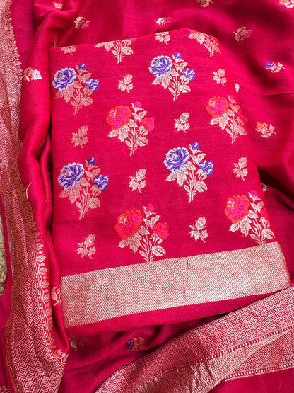 Red moonga silk meenadar flower weaving suit set