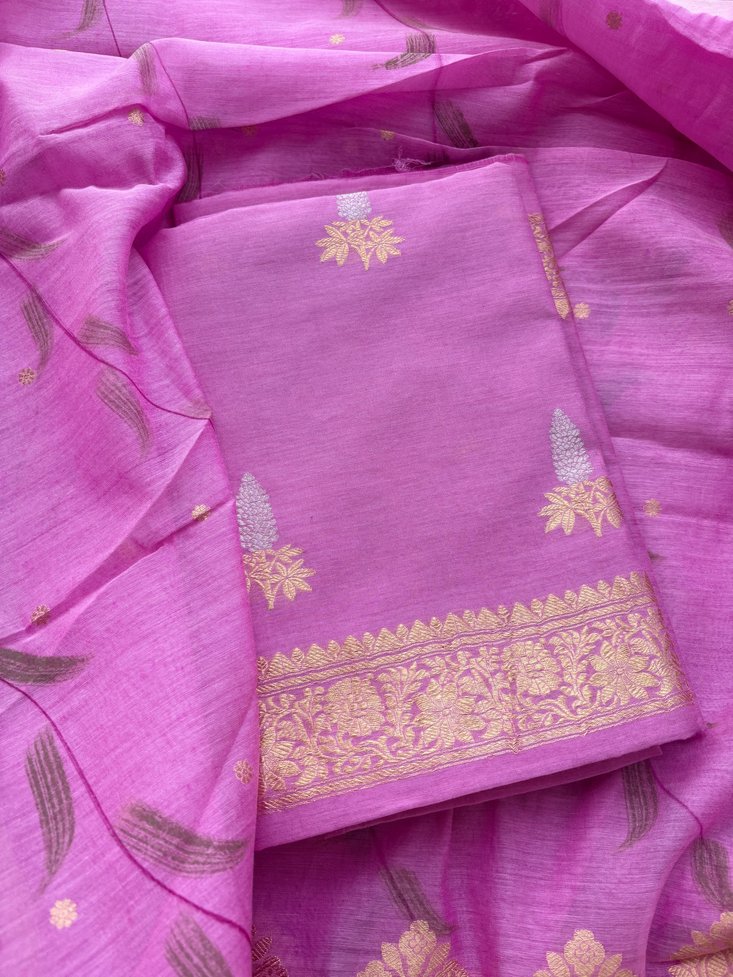 Pink cotton kadhwa silk suit set