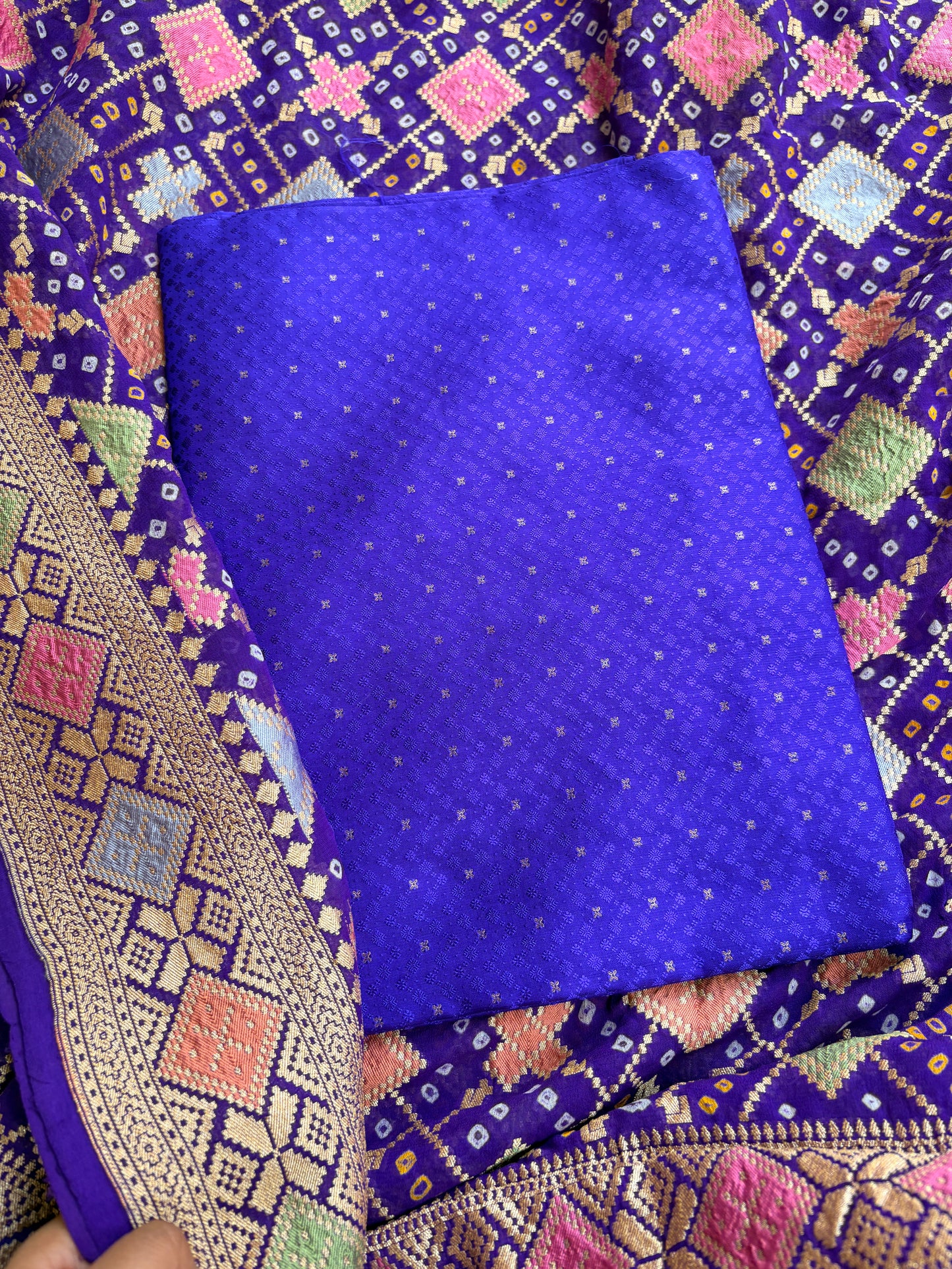Blue katan silk with bandhani dupatta