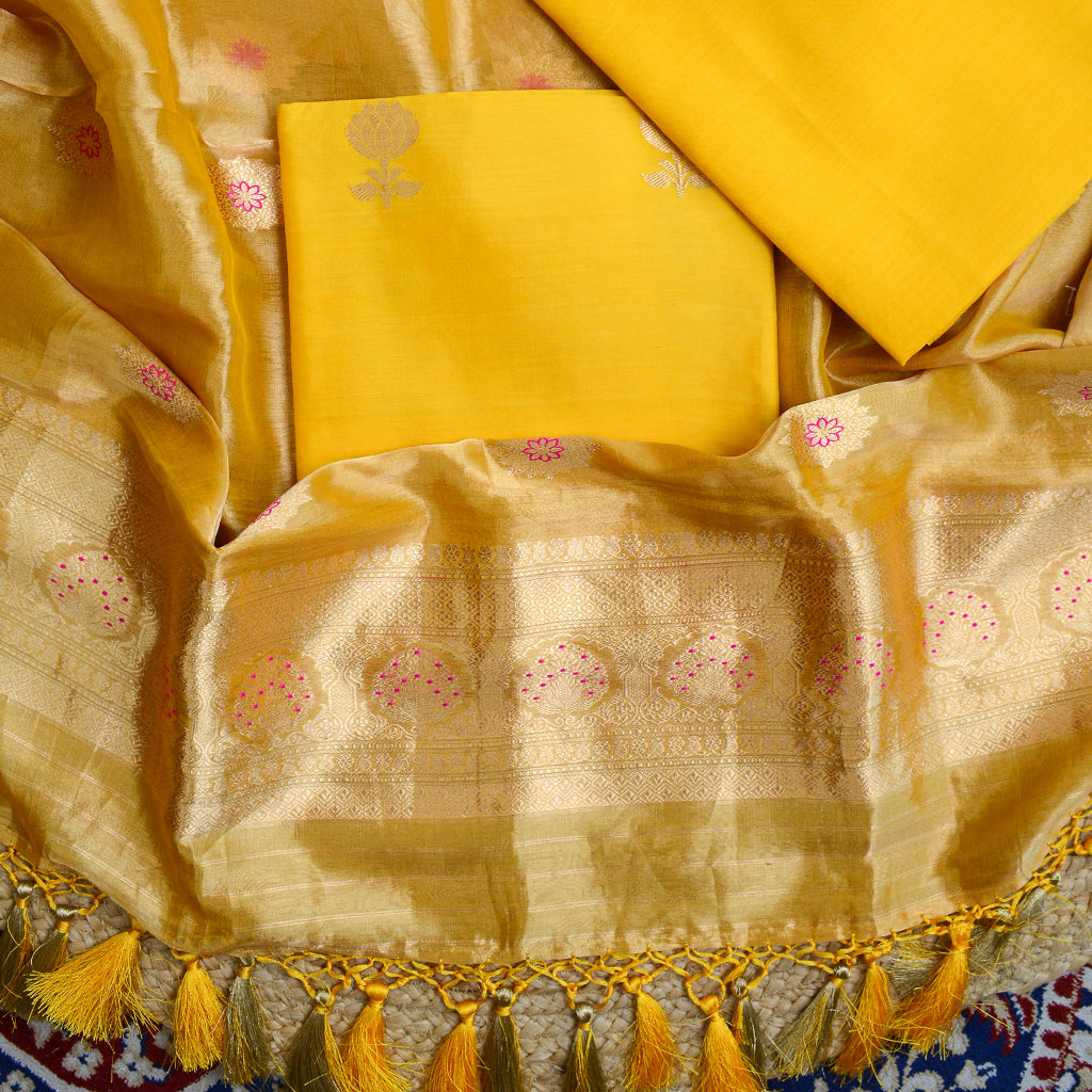 Yellow Chiniya silk kadhwa suit with tissue dupatta( FM 24)