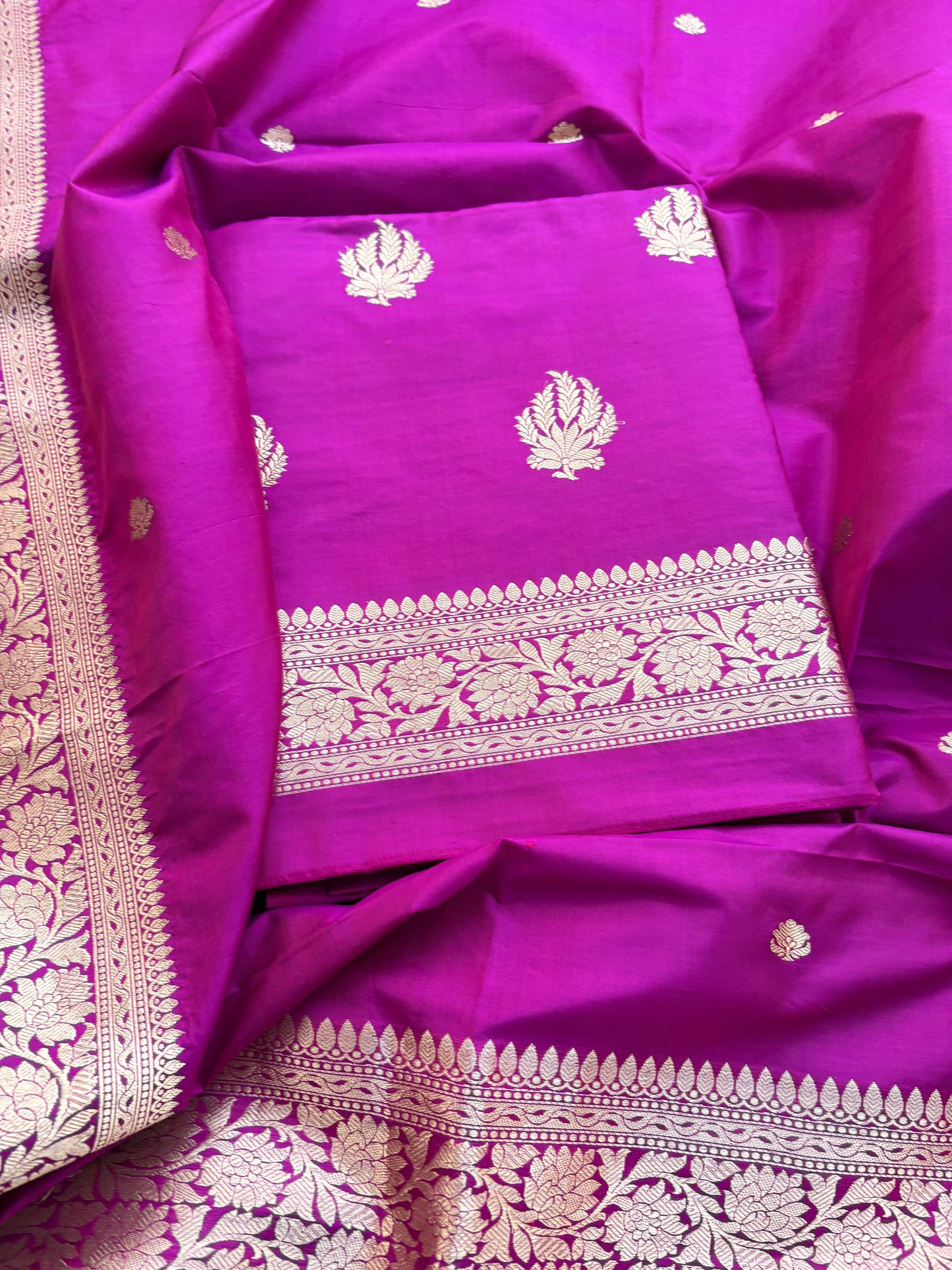 Magenta katan by katan silk kadhwa suit set