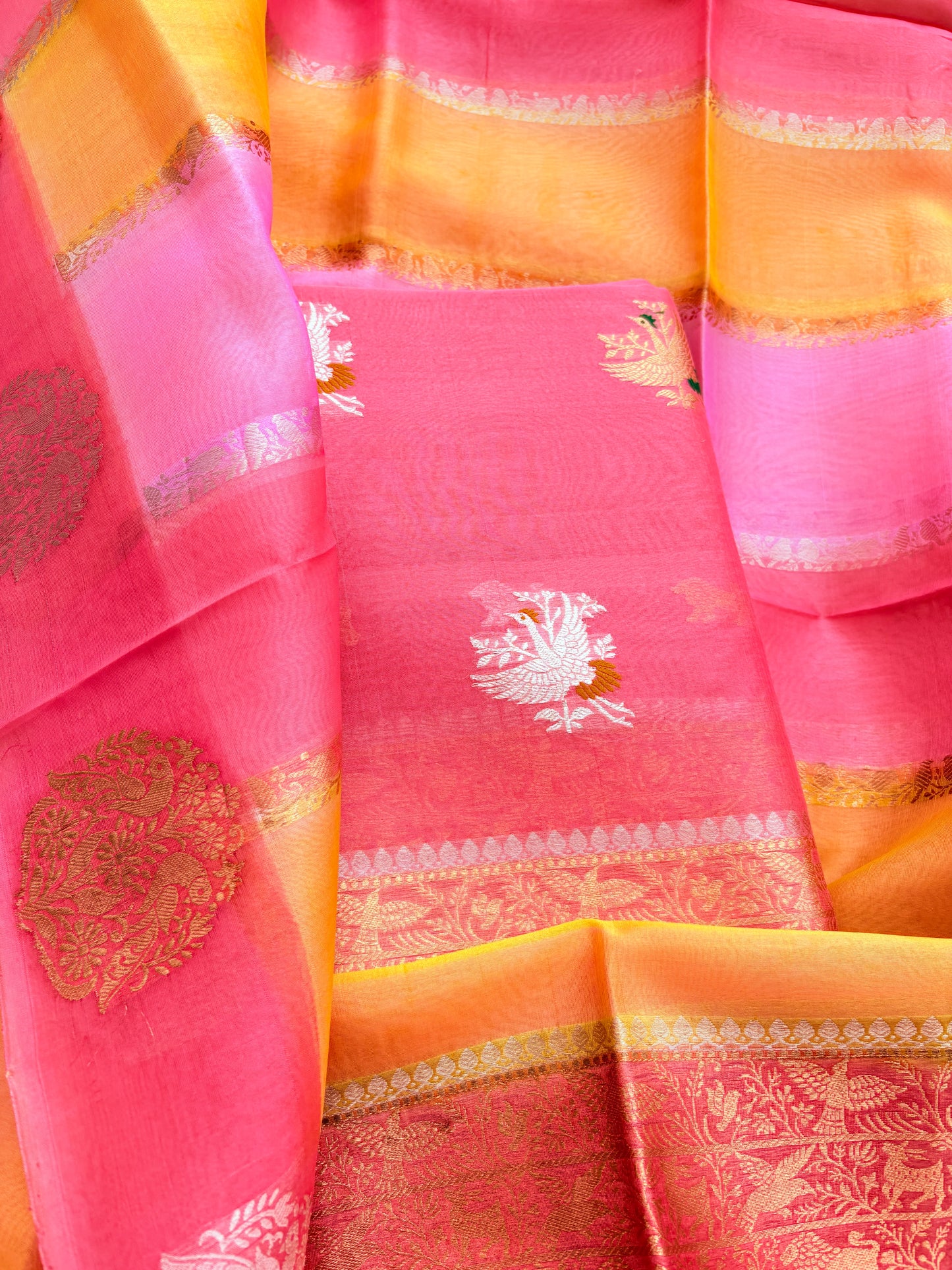 Peach pink Kora silk suit with Kora silk shaded dupatta