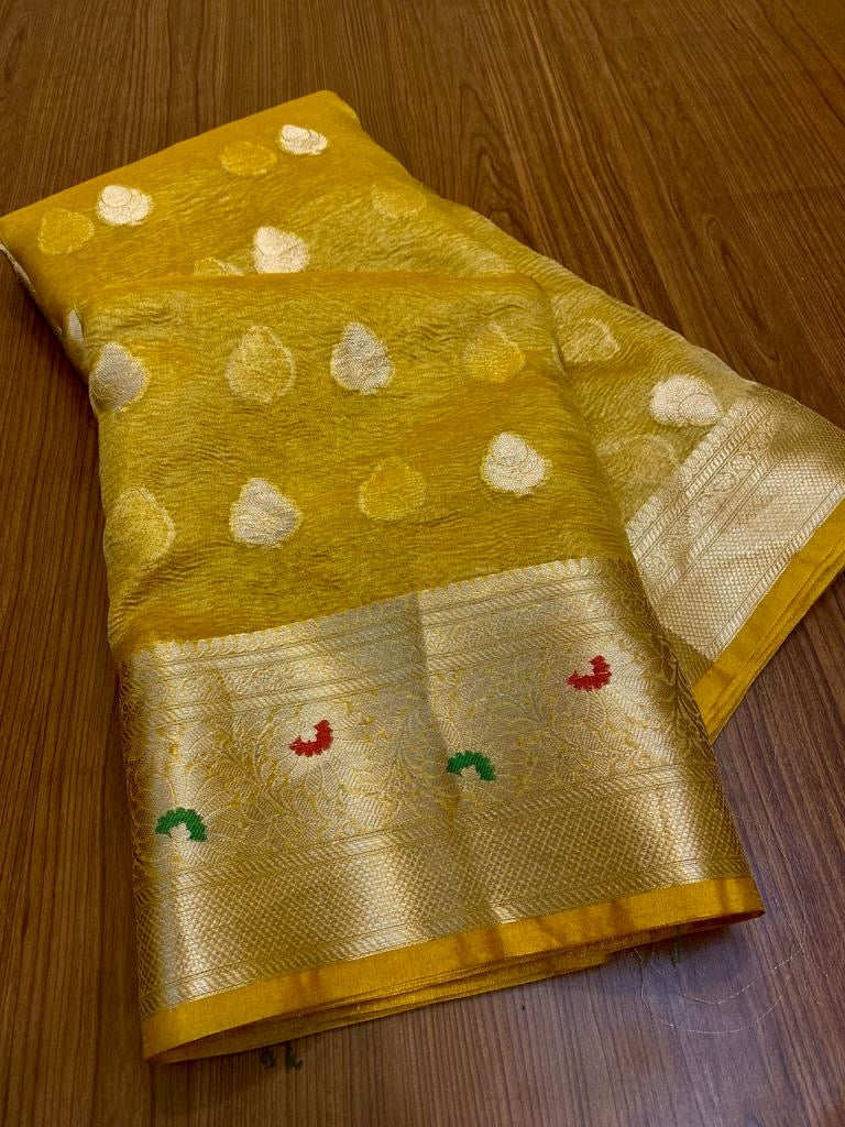 Mustard Premium tissue meendar border saree