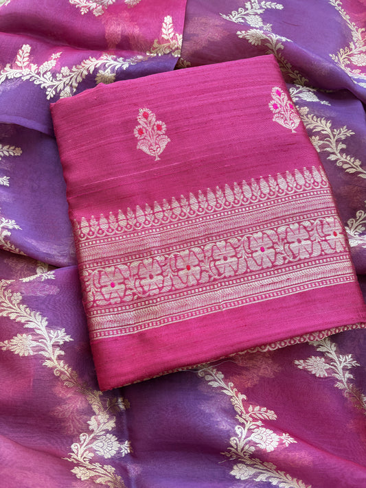 Pink raw silk suit with rangkat dupatta