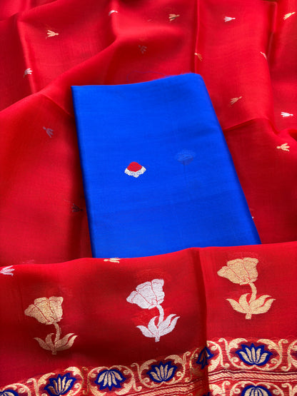 Blue kora suit with red kora silk dupatta