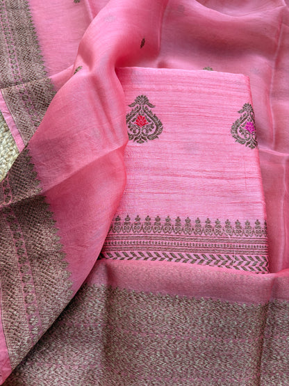 Pink raw silk tussar kadhwa suit set