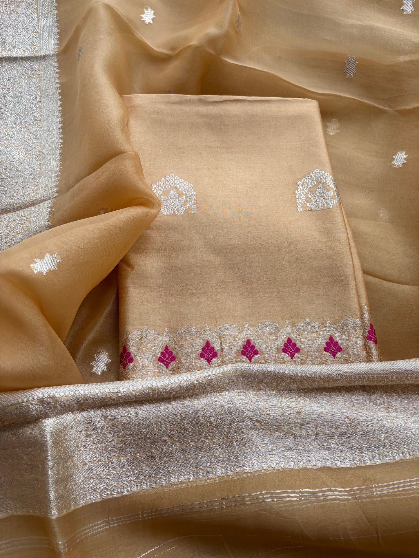 Beige Chiniya silk suit set with kora silk silver zari dupatta