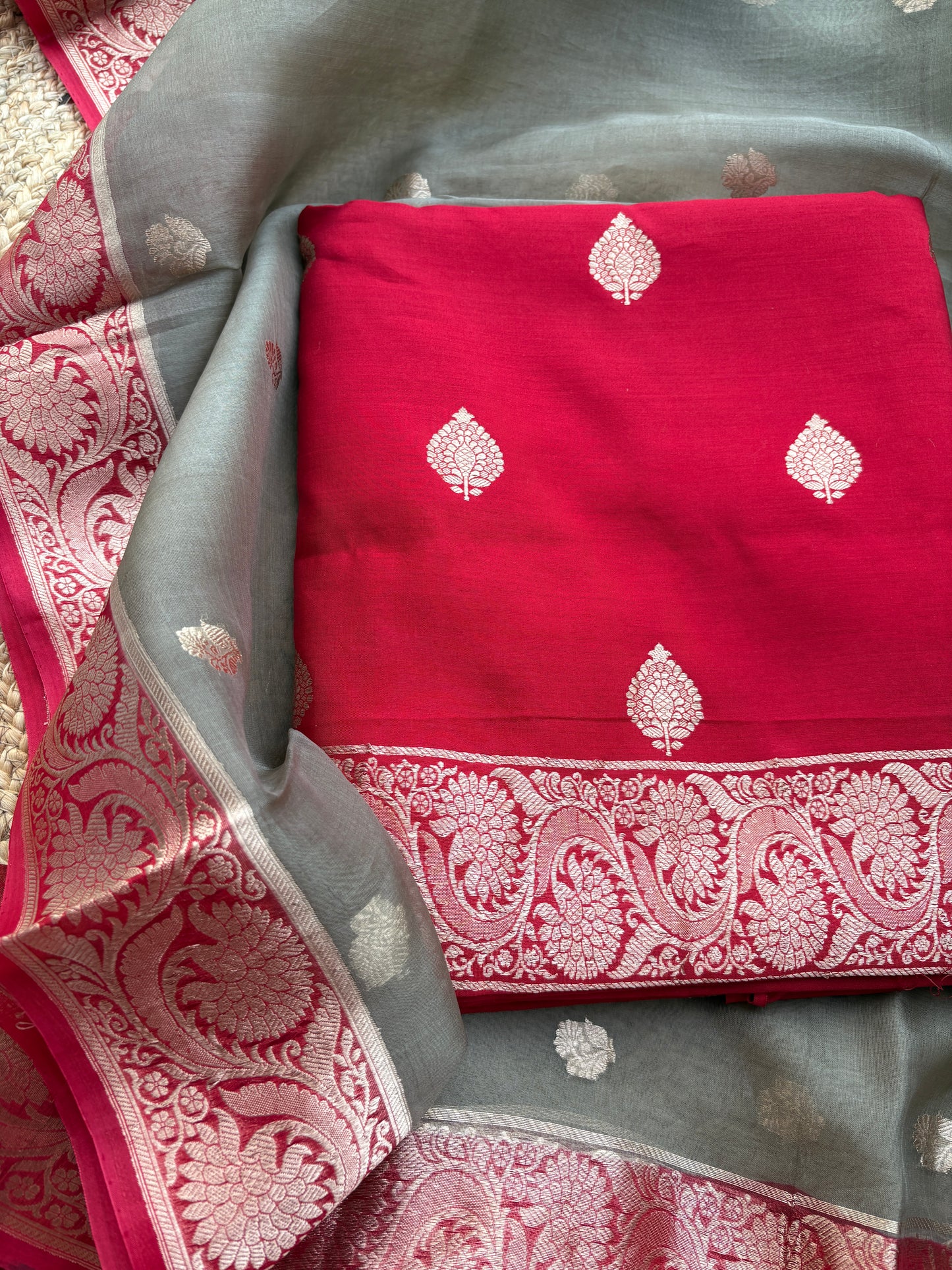 Red Chiniya silk kadhwa shaded dupatta