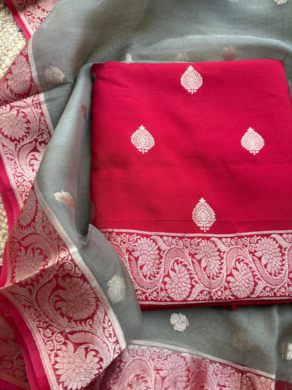 Red Chiniya silk kadhwa shaded dupatta