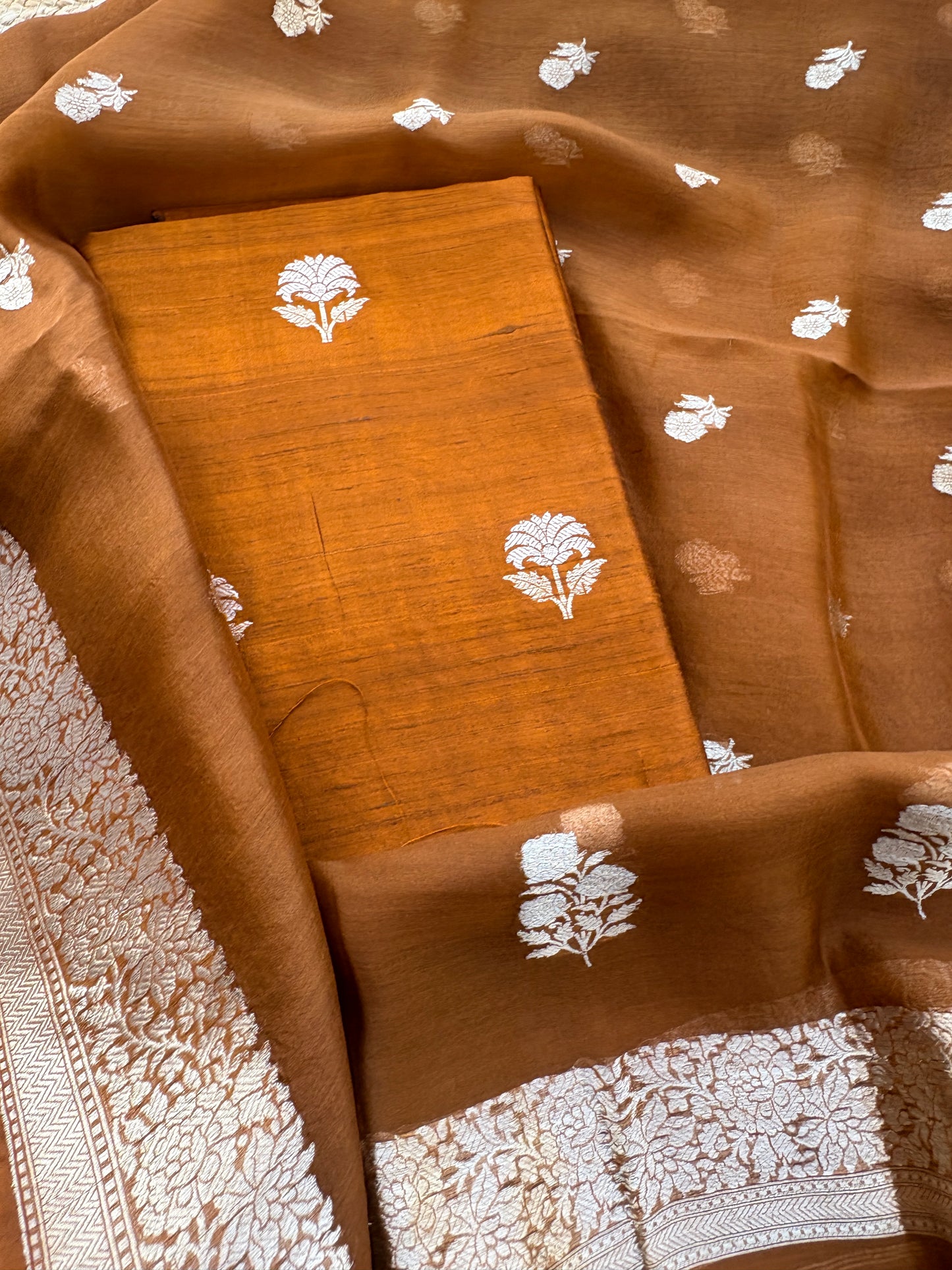 Rust raw silk suit set with kora silk bottom