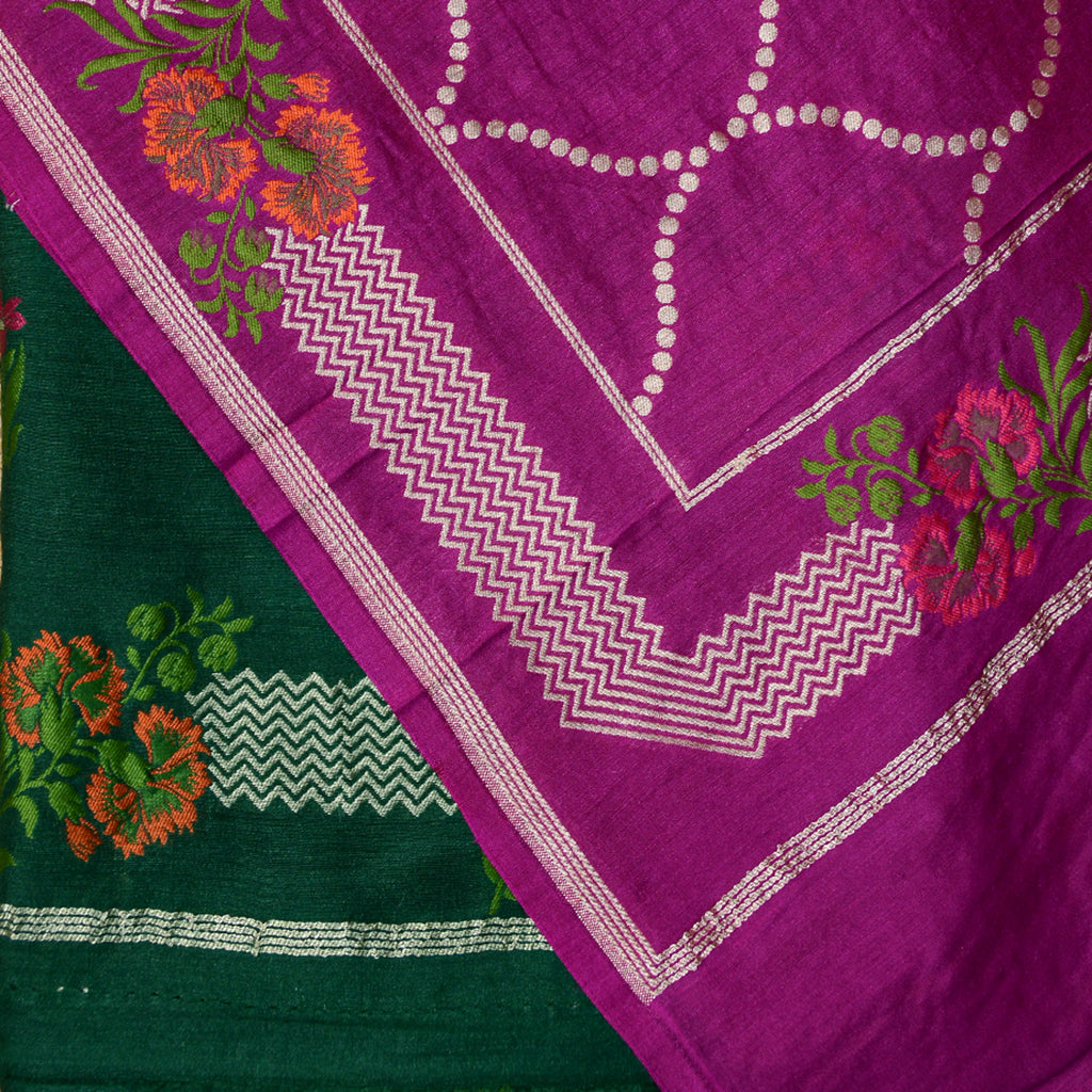 Green kurta and magenta dupatta with pure silk bottom moonga silk suit set