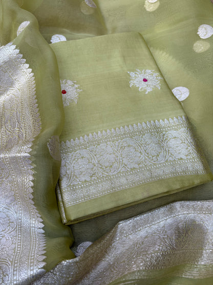 Green Chiniya silk silver zari 3 piece suit set
