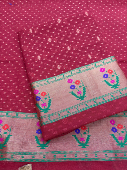 Red Chanderi cotton Paithani border suit set