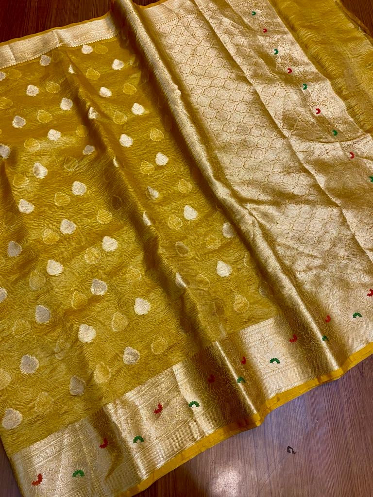 Mustard Premium tissue meendar border saree