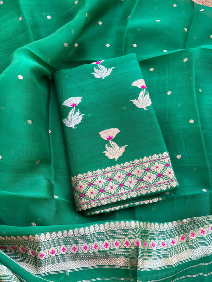Green kora kadhwa rose design suit set