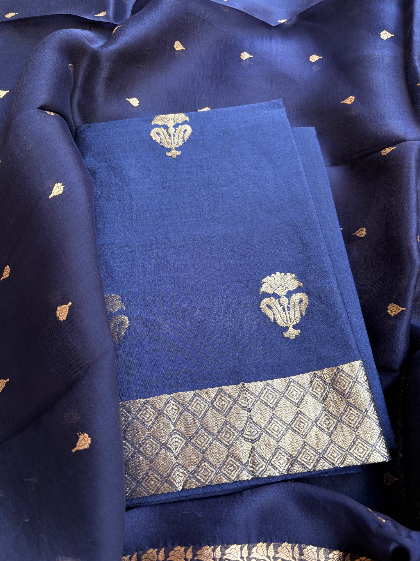 Blue Chiniya silk kora dupatta suit set