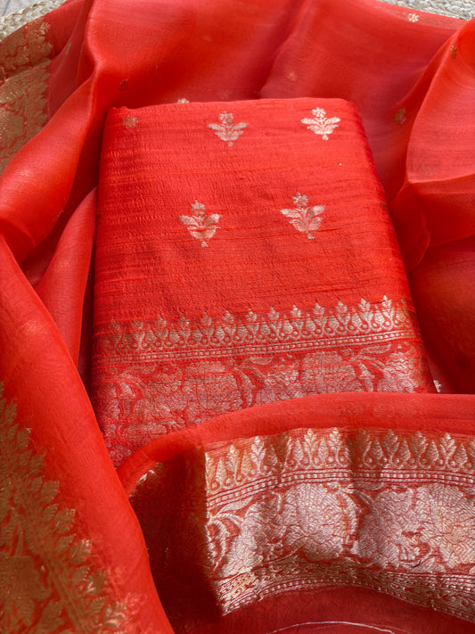 Orange raw silk kadhwa suit set