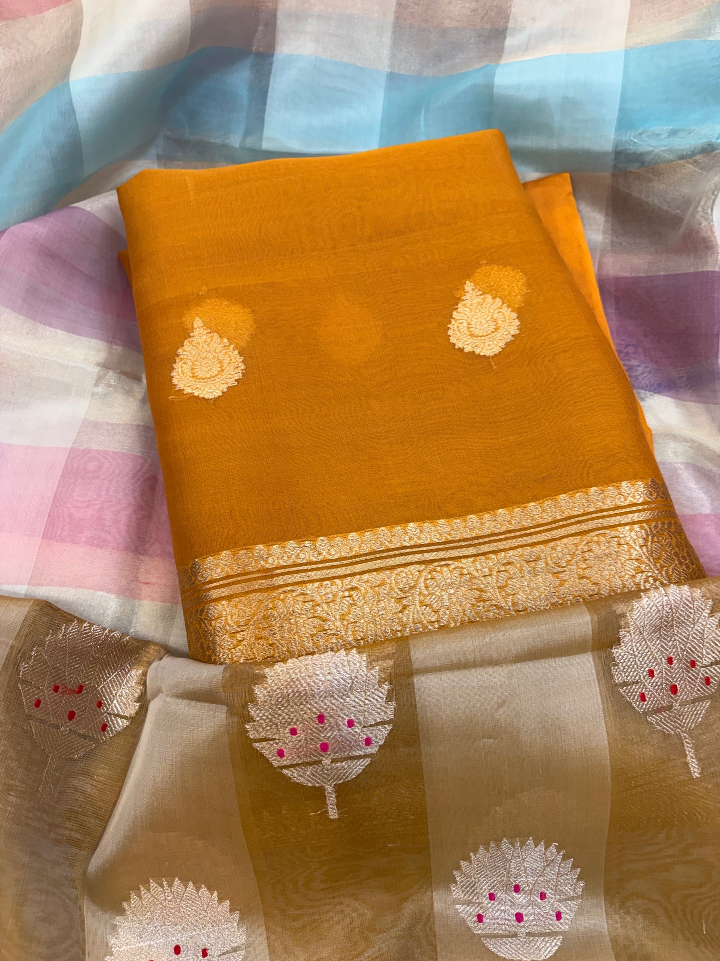 Mustard Kora silk with check kadhwa dupatta