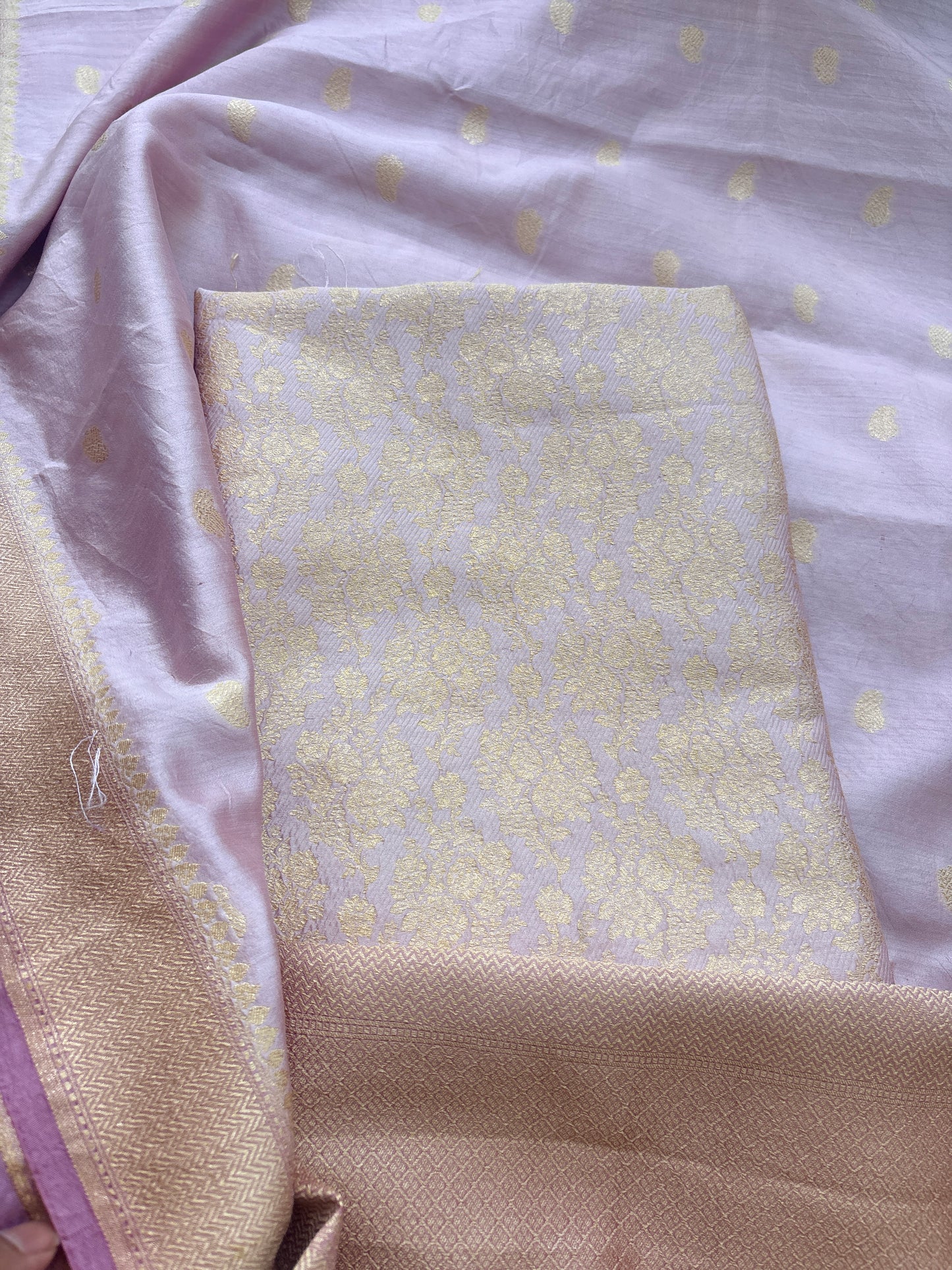 Pink brocade Chiniya silk suit set with lavender salvage
