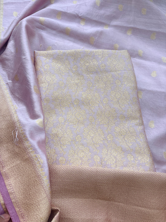 Pink brocade Chiniya silk suit set with lavender salvage