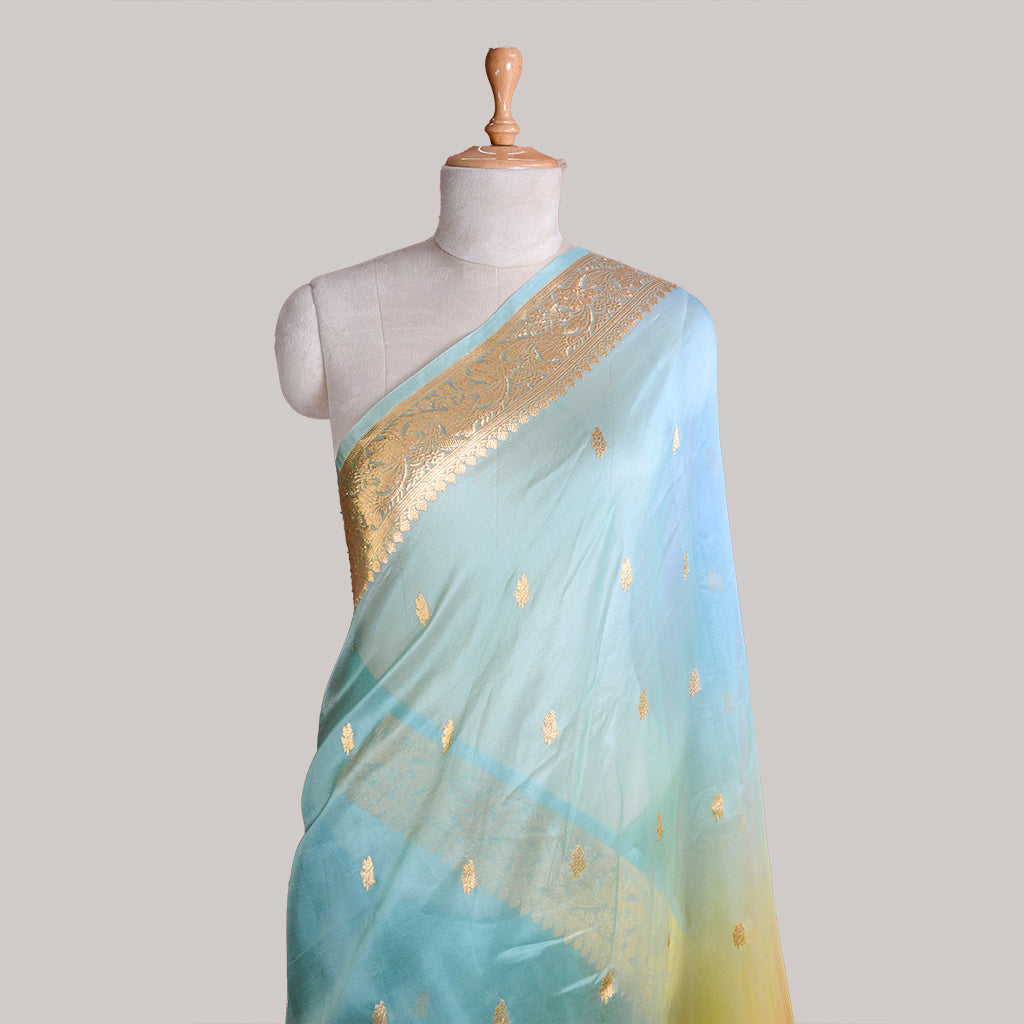 Blue kora silk saree with shaded dye