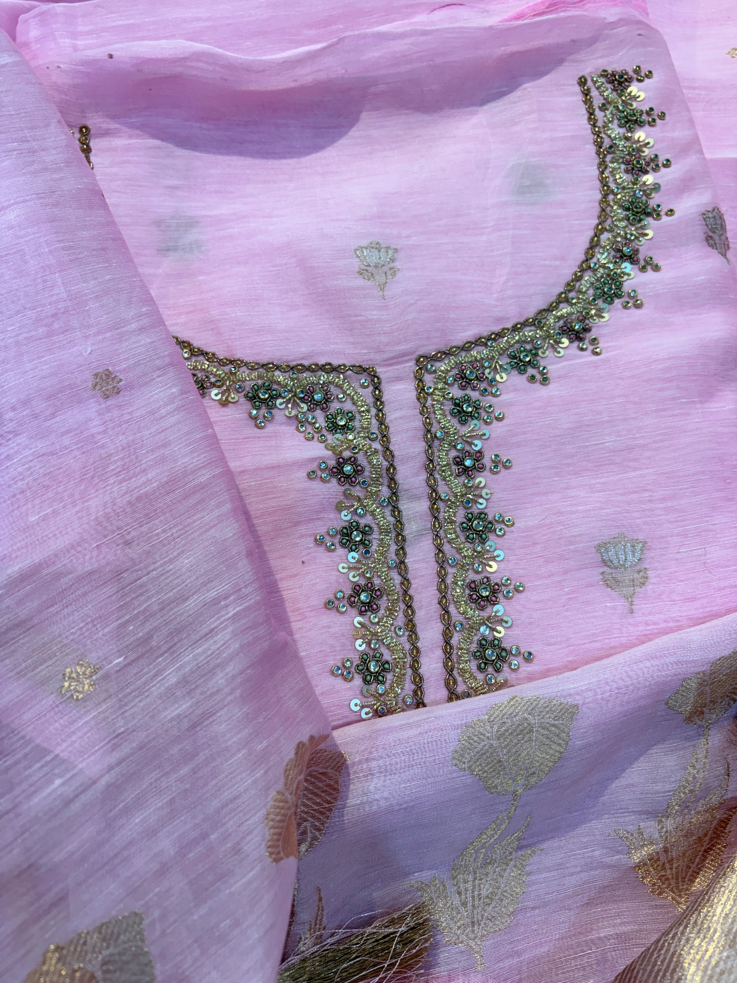 Pink linen suit hand work suit set